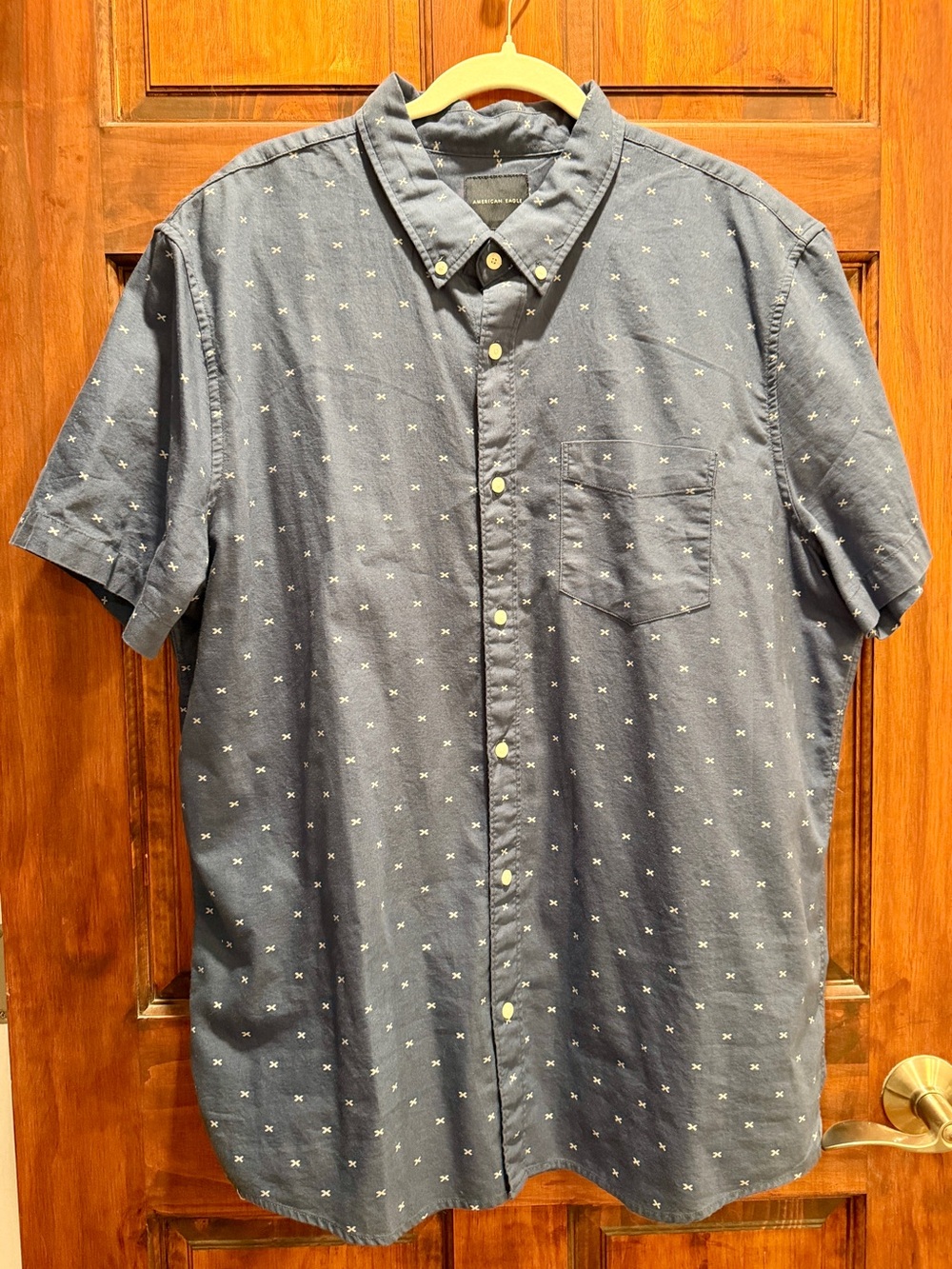 American Eagle Outfitters Navy Short-Sleeve Button-Down with White Micro Print